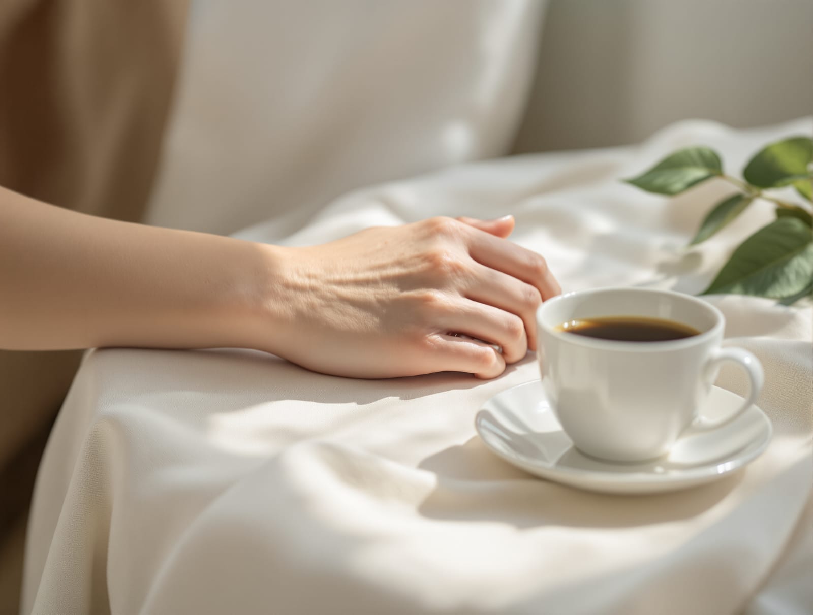 Forearm and hand resting on a linen tablecloth beside a cup of coffee in soft morning window light, the sun-exposed skin where pale spots are often first noticed.