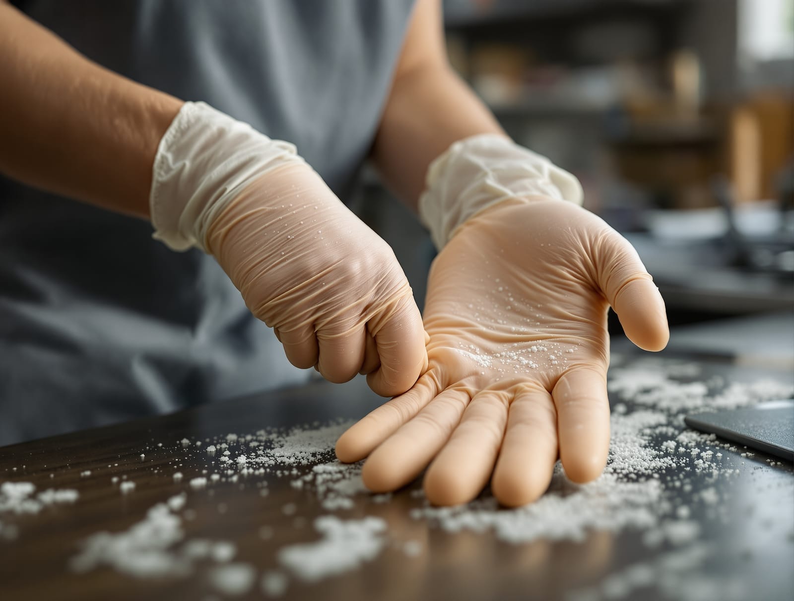 A worker removing protective rubber gloves at a workbench, showing small pale depigmented spots on the backs of the hands in warm daylight