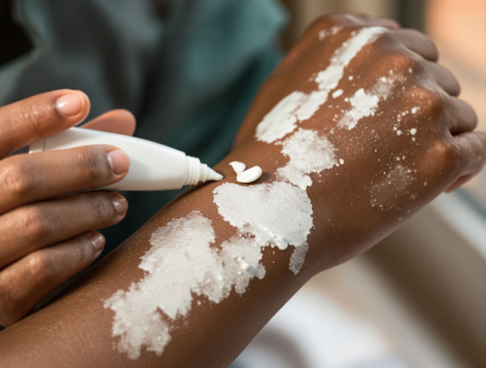 A person with extensive vitiligo applying cream to the remaining pigmented skin on their forearm in soft warm daylight
