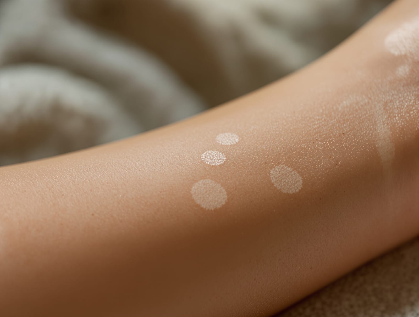 A forearm on deep-toned skin with faint lighter patches healing after a rash in soft window light