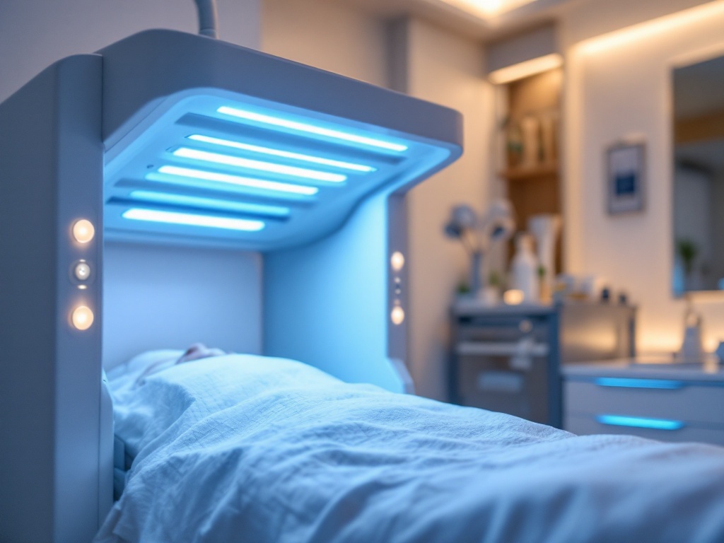 A narrowband UVB phototherapy light cabinet glowing in a clinic room