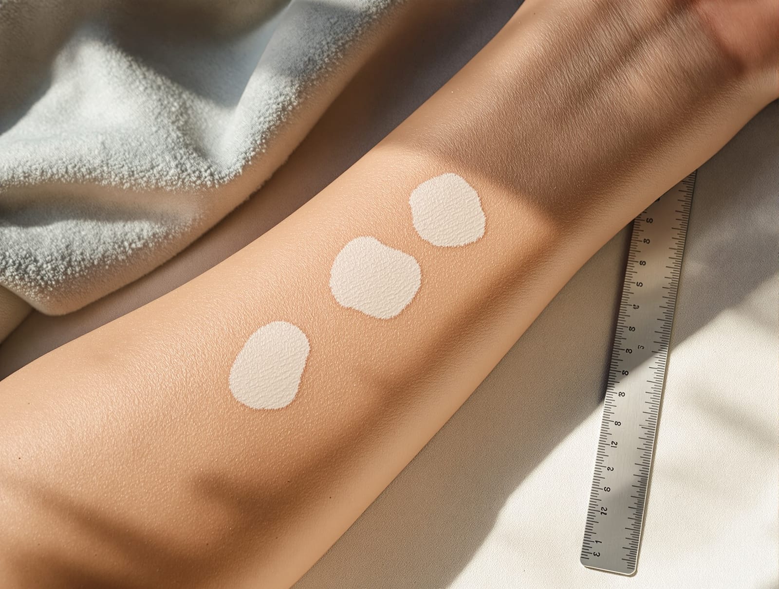 Close natural daylight photograph of an adult forearm resting on a plain surface showing pale depigmented patches with surrounding normal skin.