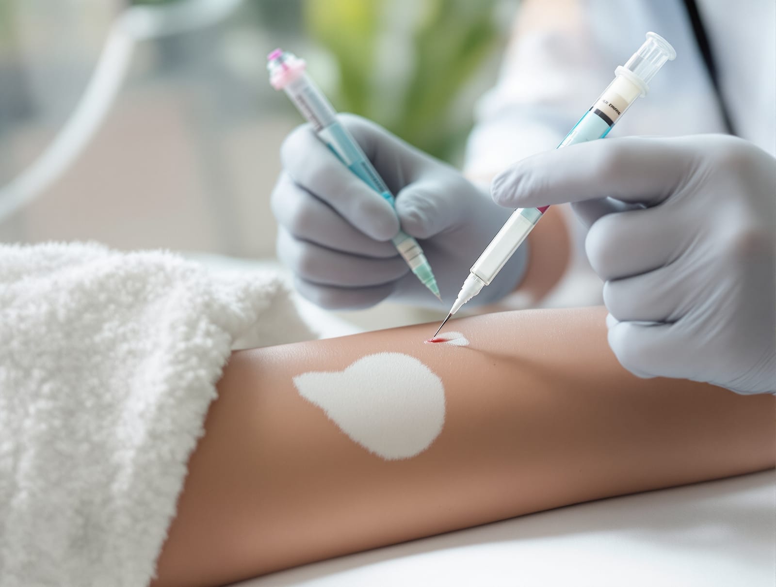 A phlebotomist drawing a blood sample from the arm of a patient with vitiligo patches on the hand in a bright clinic